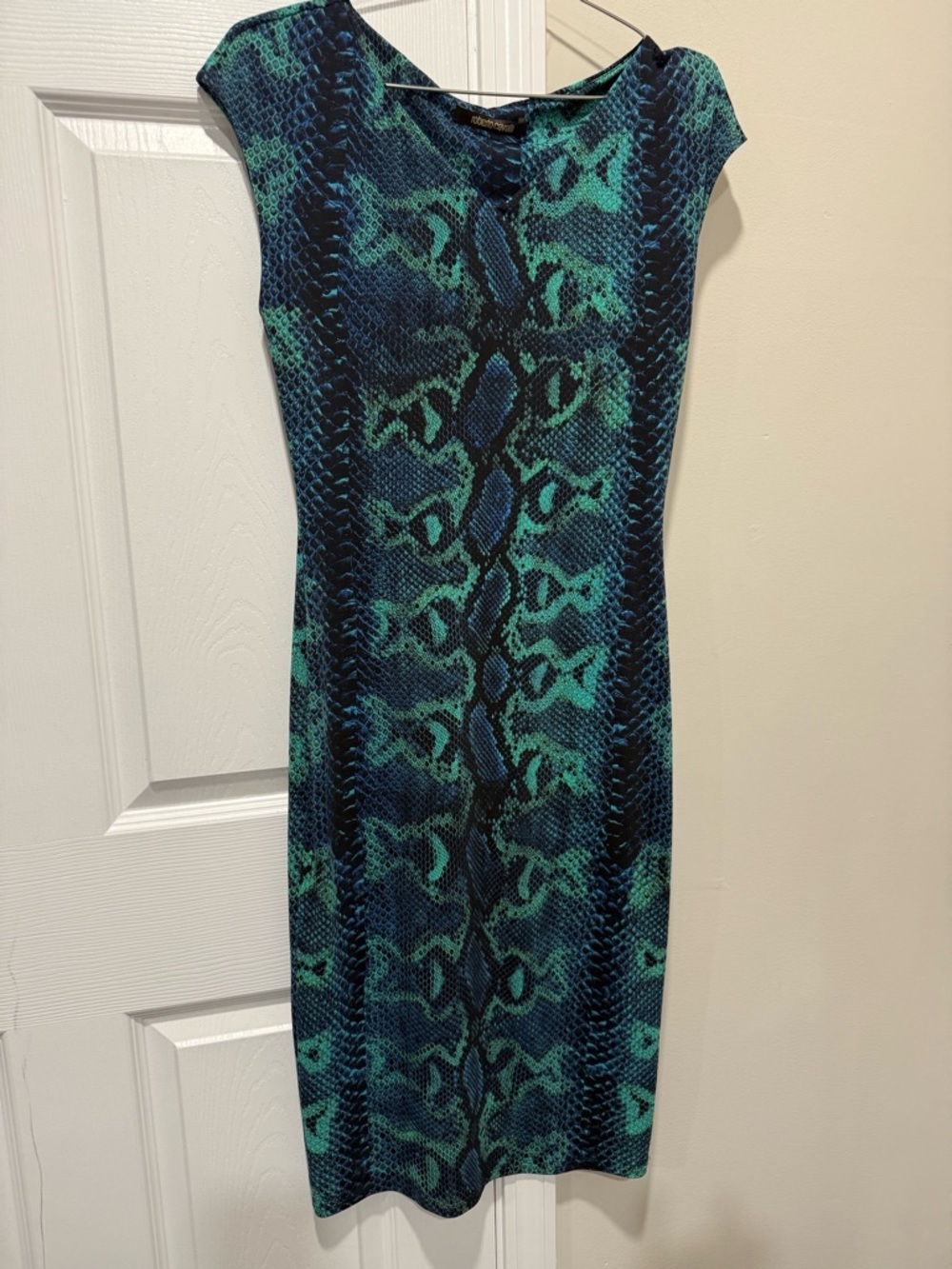 Roberto Cavalli Snake Print Bodycon Midi Dress Blue Green Italy Size 44